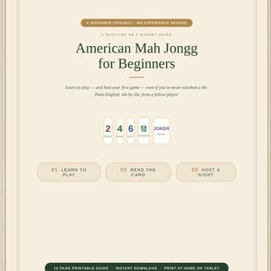 Könnte beinhalten: Ein digitaler Leitfaden mit dem Titel American Mah Jongg for Beginners auf beigem Hintergrund mit dunkelgrünem Text. Er enthält fünf Mah-Jongg-Steine, drei nummerierte Schaltflächen zum Lernen und ein Banner mit 12-page printable guide.