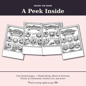 Peut inclure: Aper&ccedil;u d'un livre de coloriage Kawaii Mahjong, avec des pages sur le th&egrave;me mignon. Les illustrations en noir et blanc pr&eacute;sentent des vents ludiques, l'&eacute;closion et le renouveau, la victoire et la c&eacute;l&eacute;bration, et le plaisir du festival. Le texte dit "Imprimez autant de copies que vous le souhaitez."