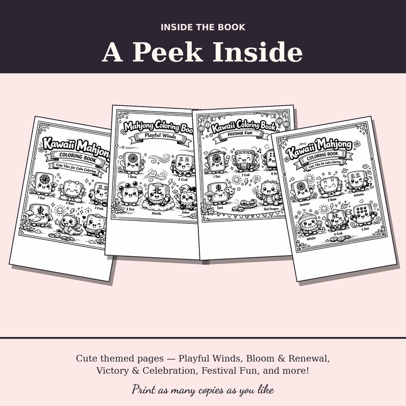 Peut inclure: Aper&ccedil;u d'un livre de coloriage Kawaii Mahjong, avec des pages sur le th&egrave;me mignon. Les illustrations en noir et blanc pr&eacute;sentent des vents ludiques, l'&eacute;closion et le renouveau, la victoire et la c&eacute;l&eacute;bration, et le plaisir du festival. Le texte dit "Imprimez autant de copies que vous le souhaitez."