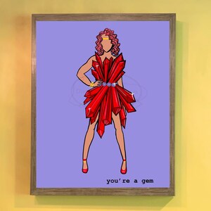 Może przedstawiać: Cyfrowa ilustracja osoby w czerwonej sukni z kryształów z tekstem "you're a gem" na dole.