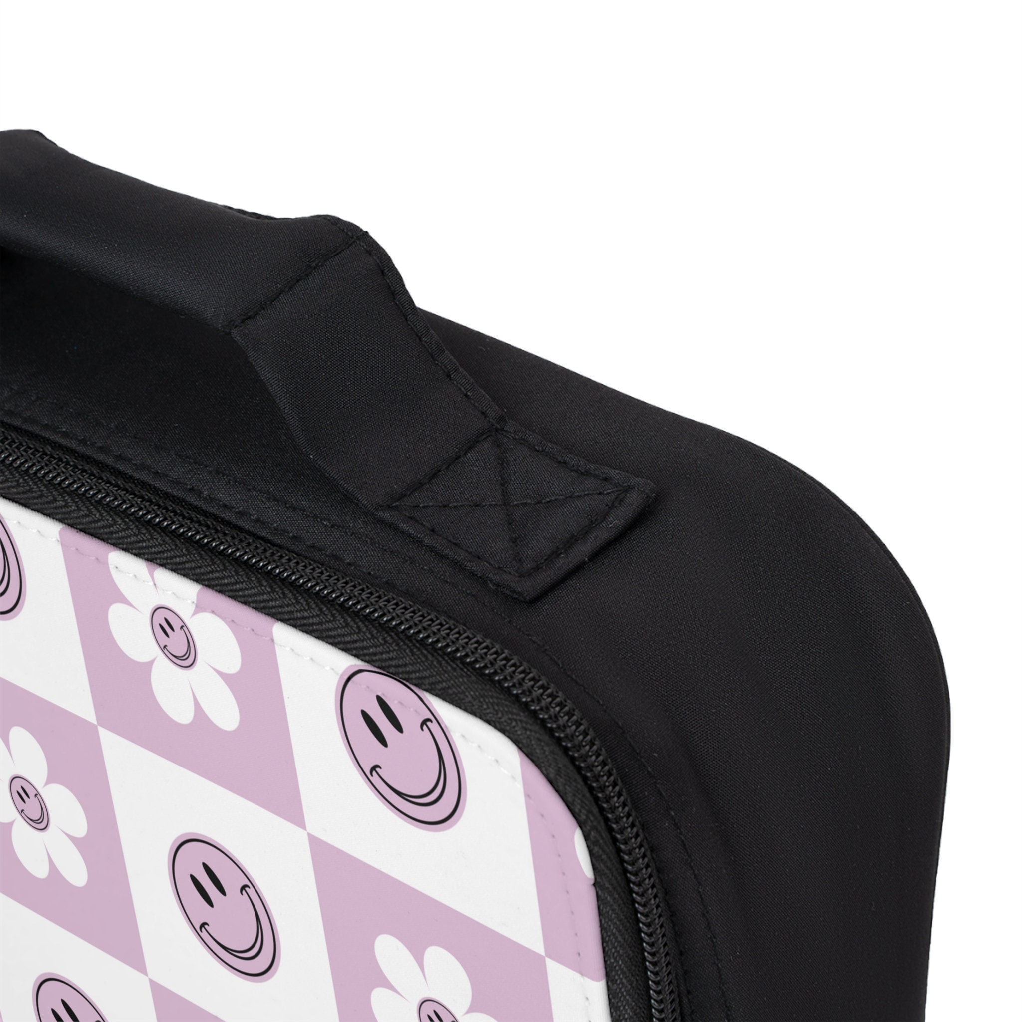 Lavender Smiley Face Checkered Lunch Bag, Back To School, Lunch Tote