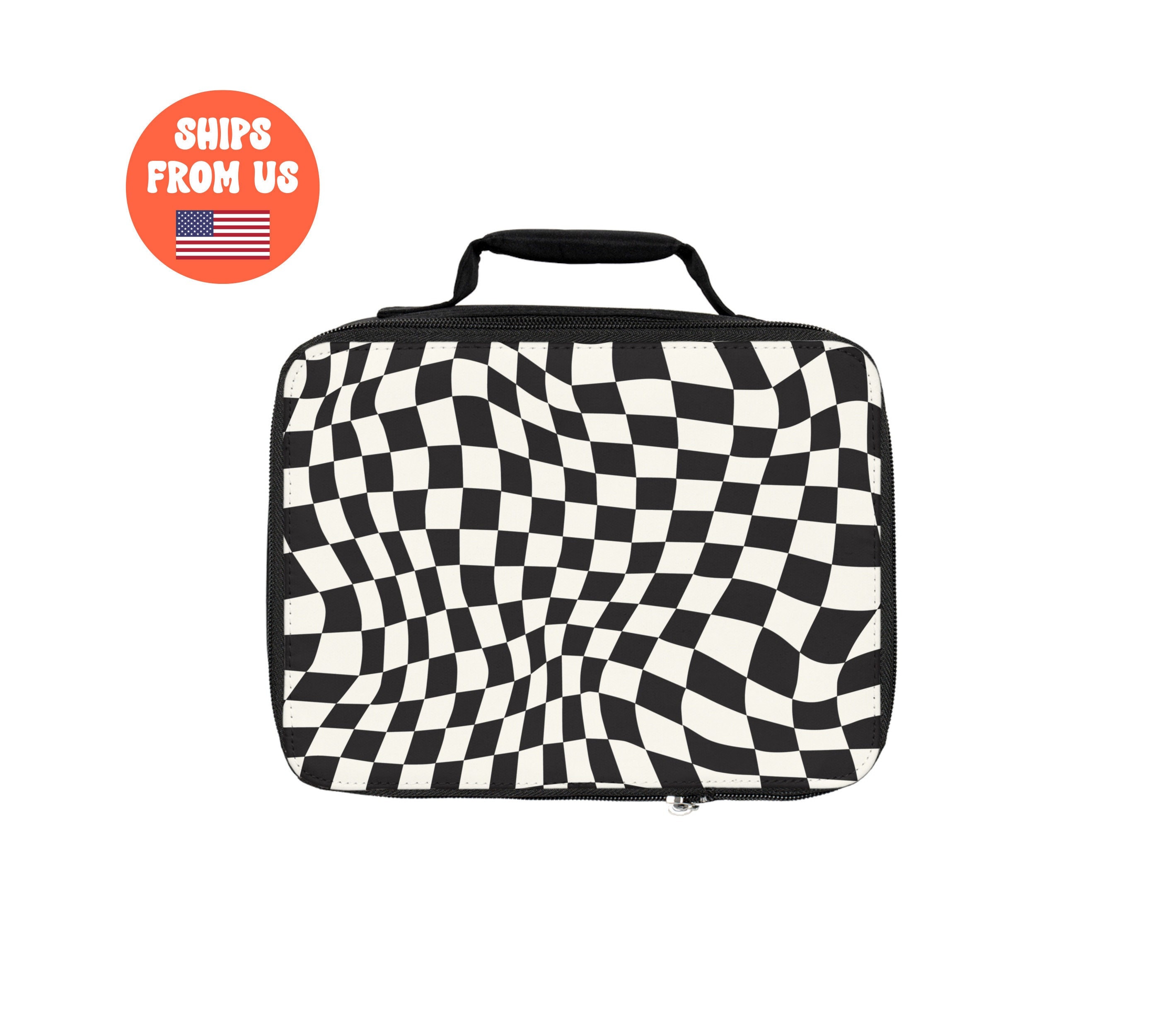 Black and White Wavy Checkered Lunch Bag, Back to School, Lunch Tote,  Trendy Lunch Bag, Adult Lunch Bag, Kids Lunch Bag, Teens Lunch Box 