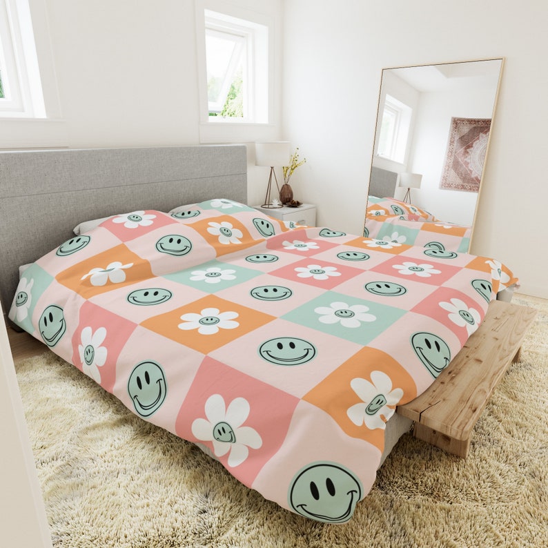 Smiley Face Duvet Cover, Flower Bedding Smiley Face, Duvet Cover, Kids
