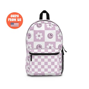 Retro Lavender and White Smiley Face Checkered Backpack, Back to School, Teen Backpack, Kids Backpack, Large School Backpack