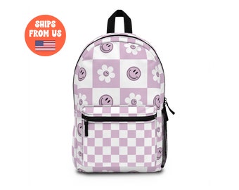 Retro Lavender and White Smiley Face Checkered Backpack, Back to School, Teen Backpack, Kids Backpack, Large School Backpack