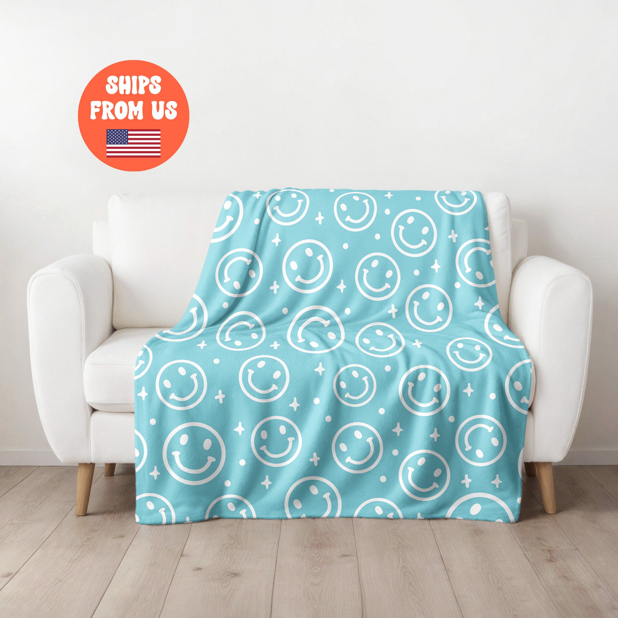 Blue Smiley Face Plush Blanket, Minky Blanket, Smiley Face Blanket ...