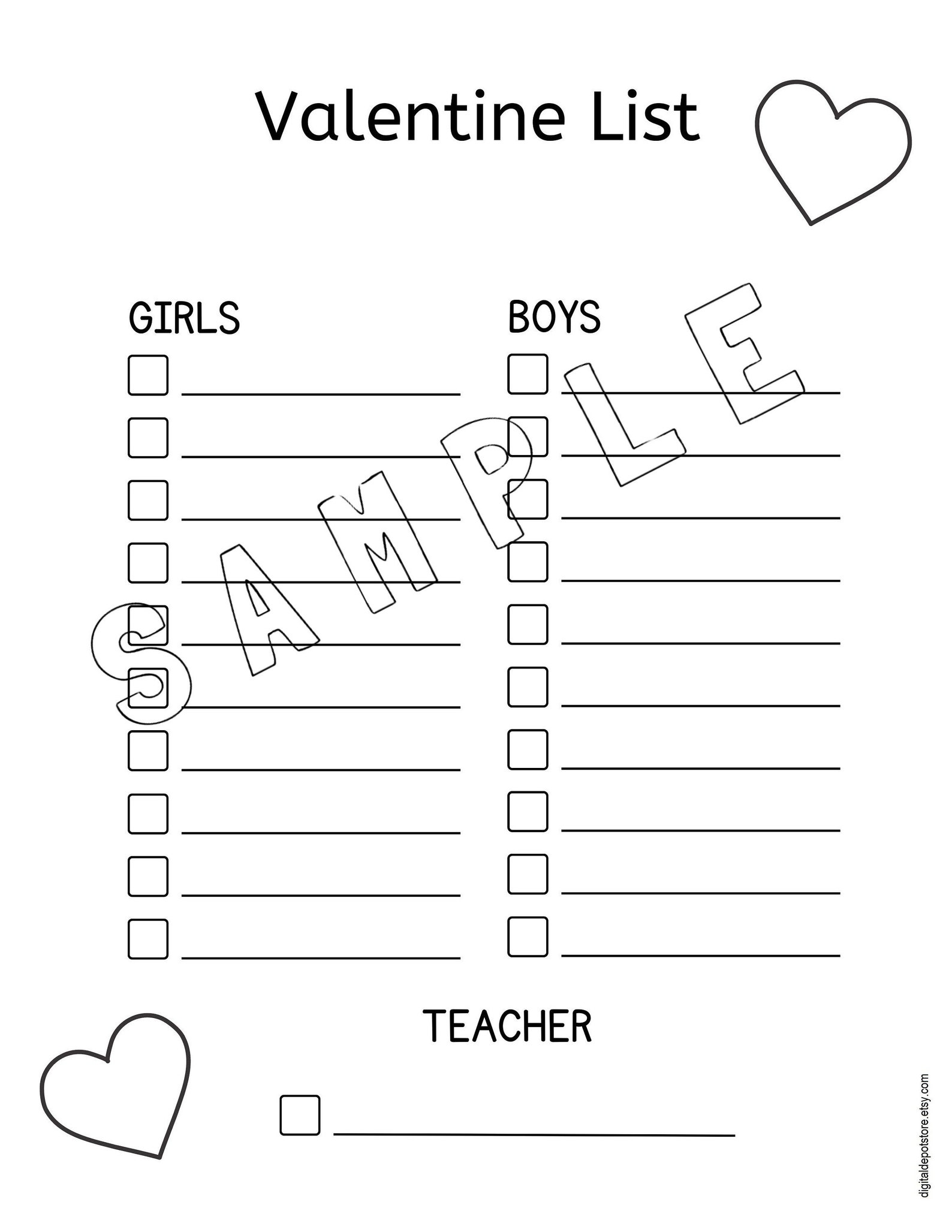 Classroom Valentines List Printable | Valentine's Day | Instant ...