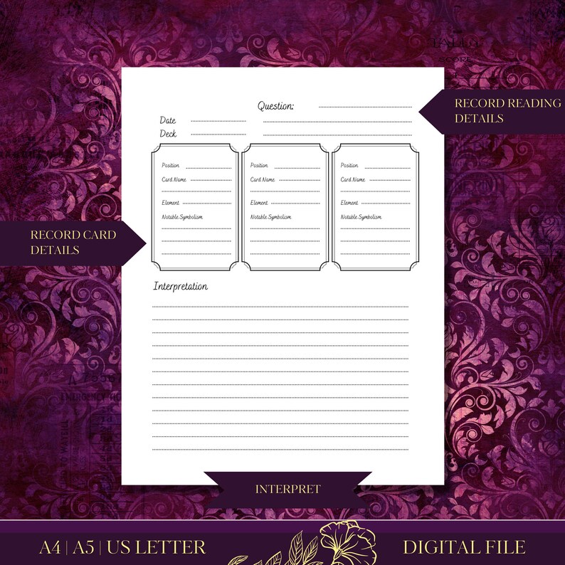 3 Card Tarot Journal, Printable Tarot Journal Interior | High-quality PDF, 3 Sizes - Etsy