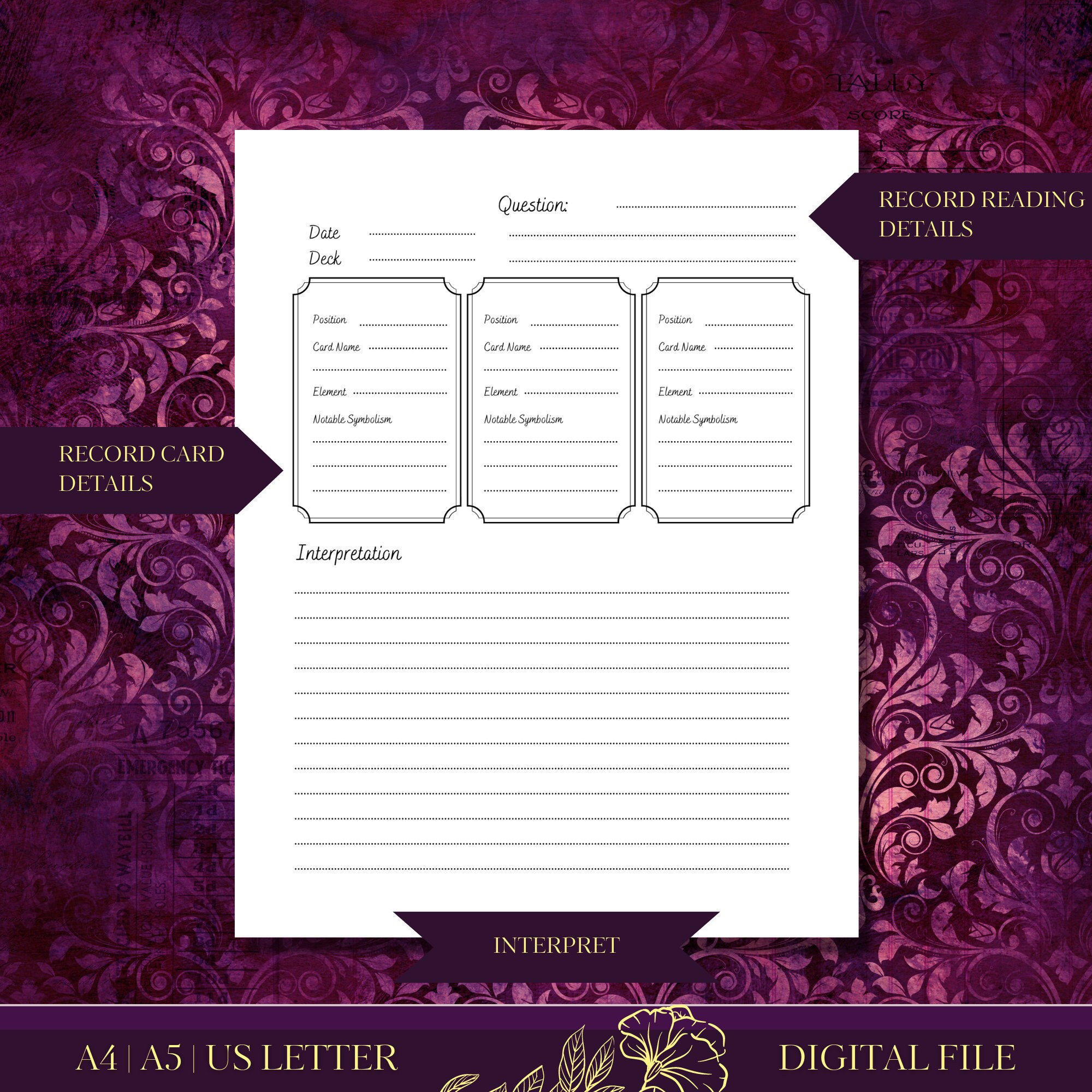 3 Card Tarot Journal Printable Tarot Journal Interior High quality