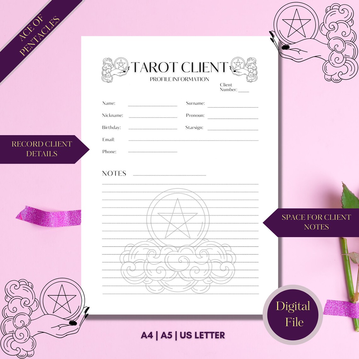 Tarot Client Information Printable Templates - Ace of Pentacles Theme ...