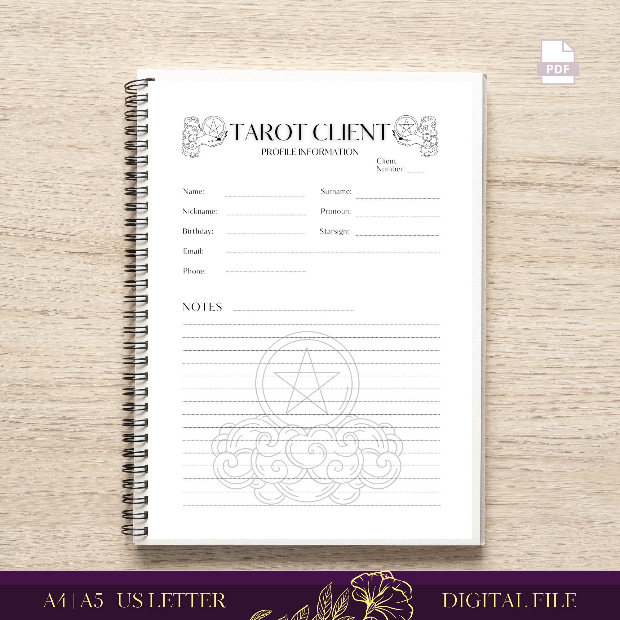 Tarot Client Information Printable Templates - Ace of Pentacles Theme ...
