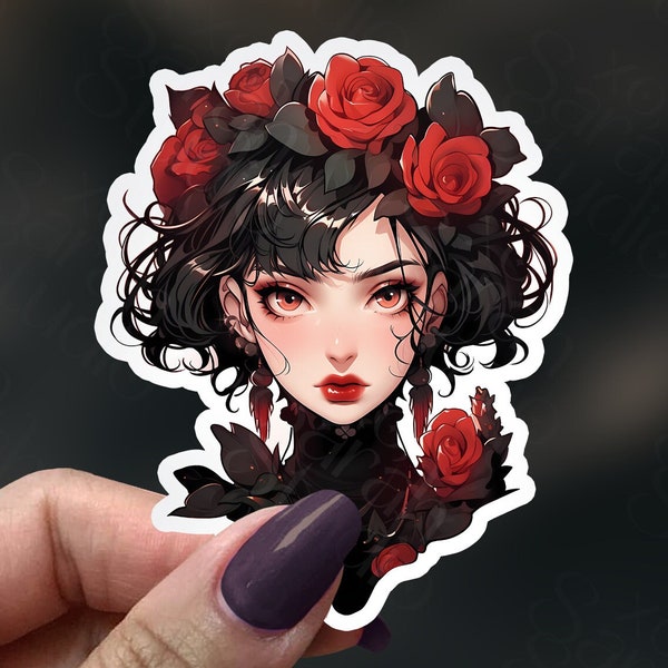 Rose Whisperer Sticker, Red Goth Anime Woman Decal, Black Hair, Red Roses, Elegant Dress, Water Resistant Vinyl, Ideal for Laptops & Bottles
