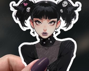 Goth Anime Girl Sticker, Durable Vinyl, cute Black Hair, Skulls, Pigtails, Goth Girlfriend, E-Girl, Perfect for Laptops, Bottles, Cars