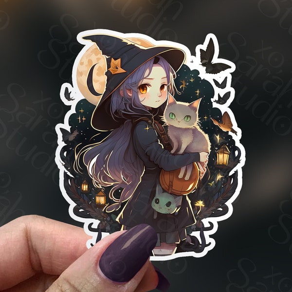 Cute Adventuring Witch Sticker, Vinyl Water Resistant Sticker, Witch with her cat familiar, Perfect for laptops and journals