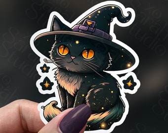 Black Cat Sticker, cute black cat in a witch's hat, die cut vinyl sticker, water resistant, indoor and outdoor use