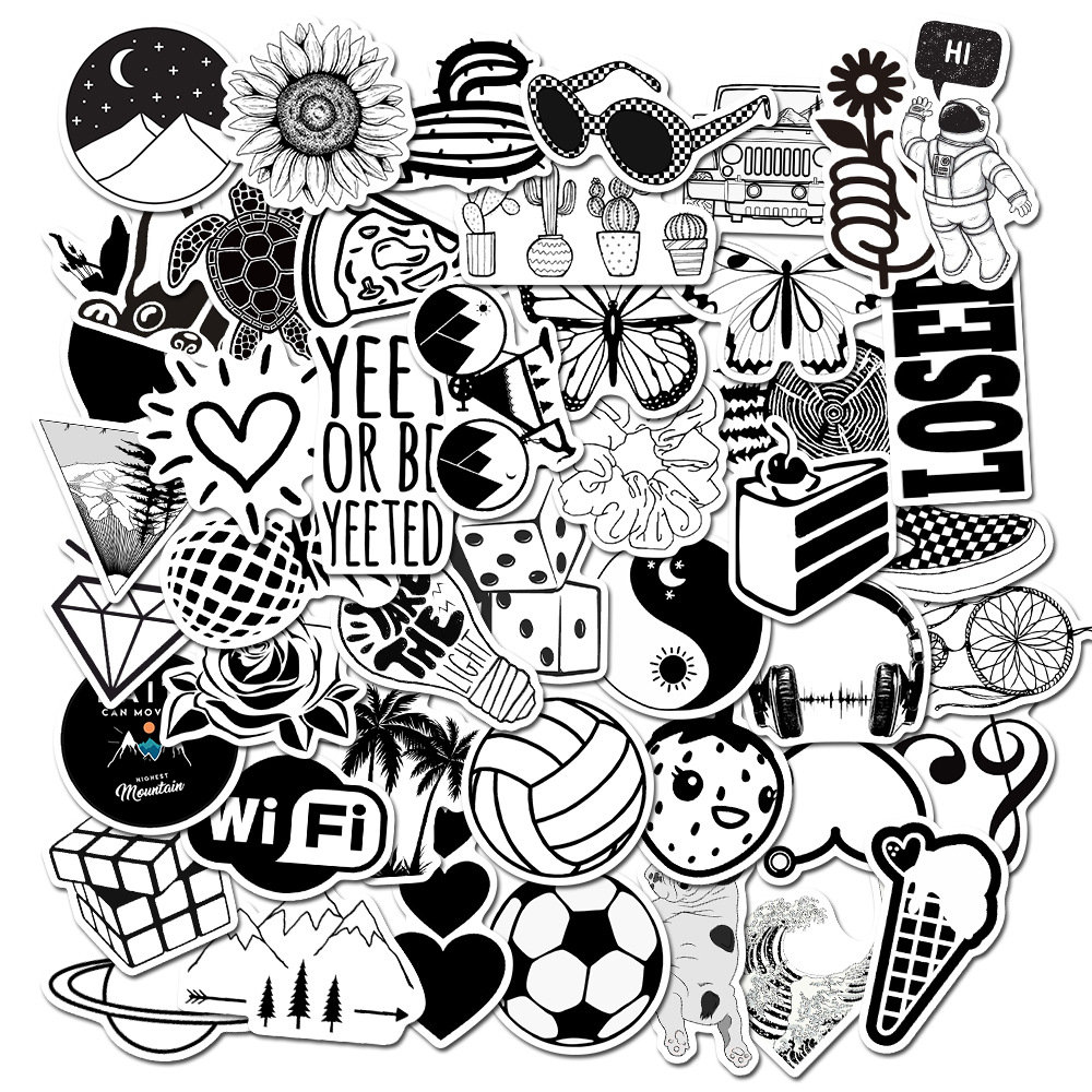 50 PCS Black And White Vsco Stickers For Chidren Toy Waterproof Sticker For  Suitcase Laptop Bicycle Phone Helmet Decals