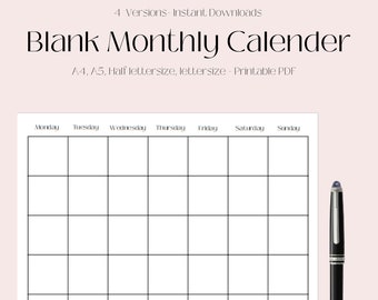 Printable Blank Monthly Landscape Calendar,Minimalist Calendar Template PDF,Monday Start, Monthly Planner Template, Calendar Template, A4/A5