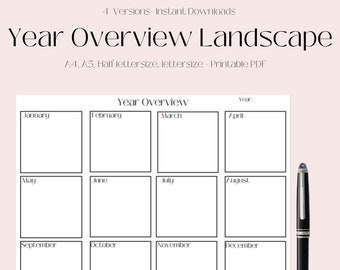 Year Overview Printable Landscape, Yearly Planner, Year at a Glance, Digital Minimalist Planner PDF, Instant Download A4/A5/Half/Letter