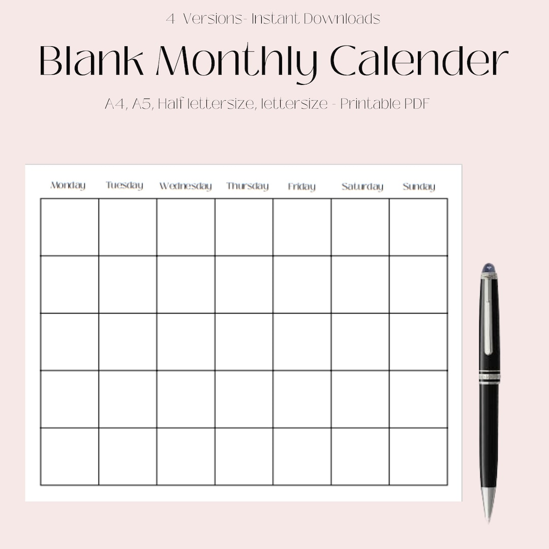 Printable Blank Monthly Landscape Calendar,minimalist Calendar Template ...