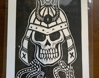 Hand block printed Samurai skull
