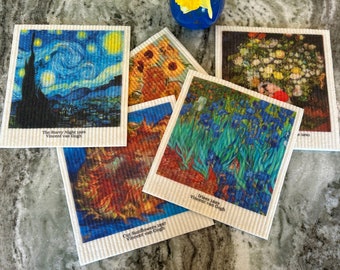 Vincent van Gogh Swedish Dishcloths (Set of 5 Beautiful Designs) - ECO Friendly Sponge Cloth Biodegradable Paper Towel Replacement