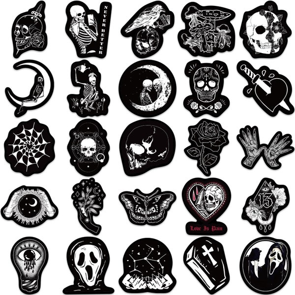 30 Pcs Dark Goth Skull Decals - Black and White Stickers - Perfect for Laptops Instruments Water bottles Helmets, etc