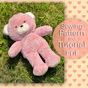 Pink Bear sewing pattern, plush stuffed bear animal toy PDF diy