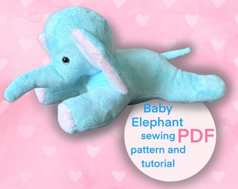 May include: A light blue plush baby elephant toy on a pink background with white hearts. The text "Baby Elephant sewing pattern and tutorial PDF" is on a white circle.