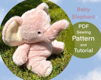 May include: A pink plush baby elephant toy sitting on green grass. The image is in a circle with the text "Baby Elephant PDF Sewing Pattern and Tutorial" in a green circle.