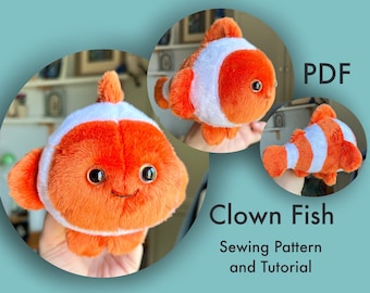 May include: A sewing pattern and tutorial for making a plush clownfish toy. The pattern includes instructions for making two different styles of clownfish, one with a round body and one with a more traditional fish shape. The pattern is available as a PDF download.