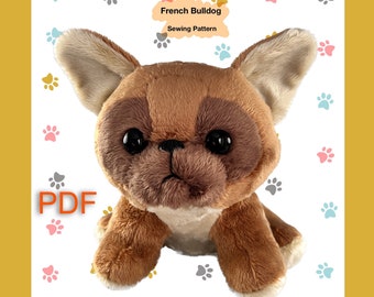 May include: A plush French Bulldog sewing pattern PDF. The pattern is for a 7-inch (17.5 cm) tall plush toy. The image shows a finished plush toy with brown fur, black eyes, and a pink nose.