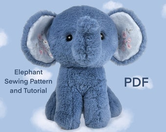 May include: A blue plush elephant sewing pattern and tutorial in PDF format. The elephant has pink floral fabric ears and black eyes.