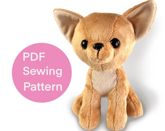 May include: A PDF sewing pattern for a plush chihuahua toy. The pattern includes instructions for making a brown and white chihuahua with black eyes and a black nose.