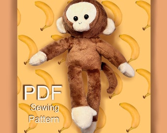 May include: PDF sewing pattern for a brown plush monkey toy. The monkey is sitting on a yellow background with a pattern of yellow bananas.