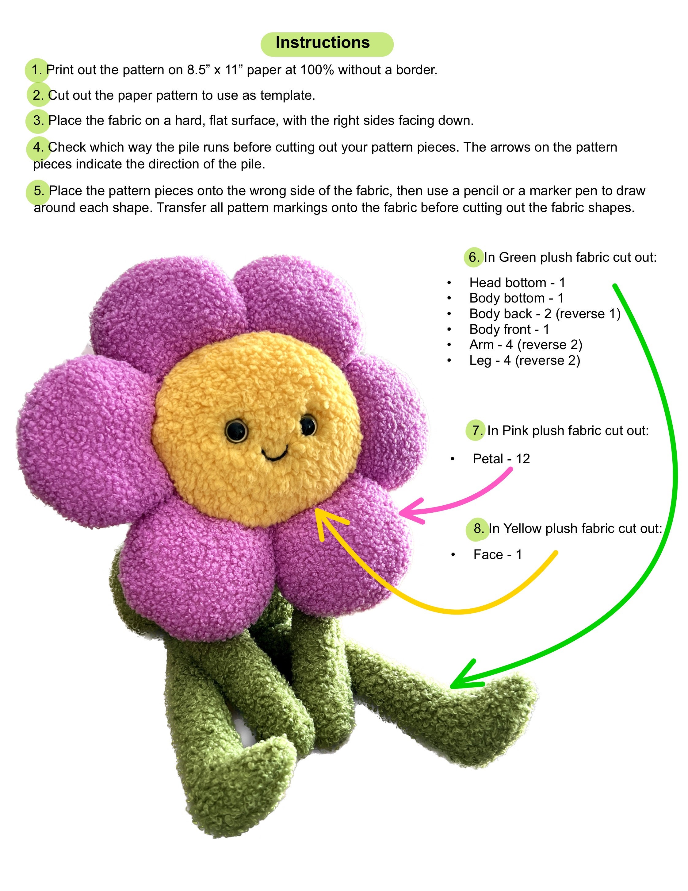 Mr. Flower ぬいぐるみの縫製パターン：19インチのぬいぐるみ（PDF