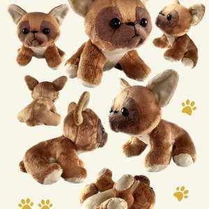 May include: Six plush brown and tan French bulldog toys in various poses. The toys are made of soft, cuddly fabric and have realistic features, including floppy ears, short snouts, and big eyes.