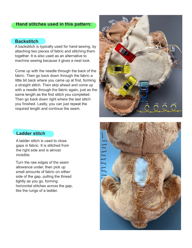 May include: A diagram showing two hand stitches used in sewing: backstitch and ladder stitch. The backstitch is shown with a close-up of a fabric seam with a needle and thread. The ladder stitch is shown with a close-up of a fabric seam with a needle and thread.