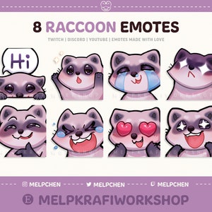 EMOTES DE MAPACHE (8) / Twitch / Discord / YouTube / Paquete de gestos de mapache adorable