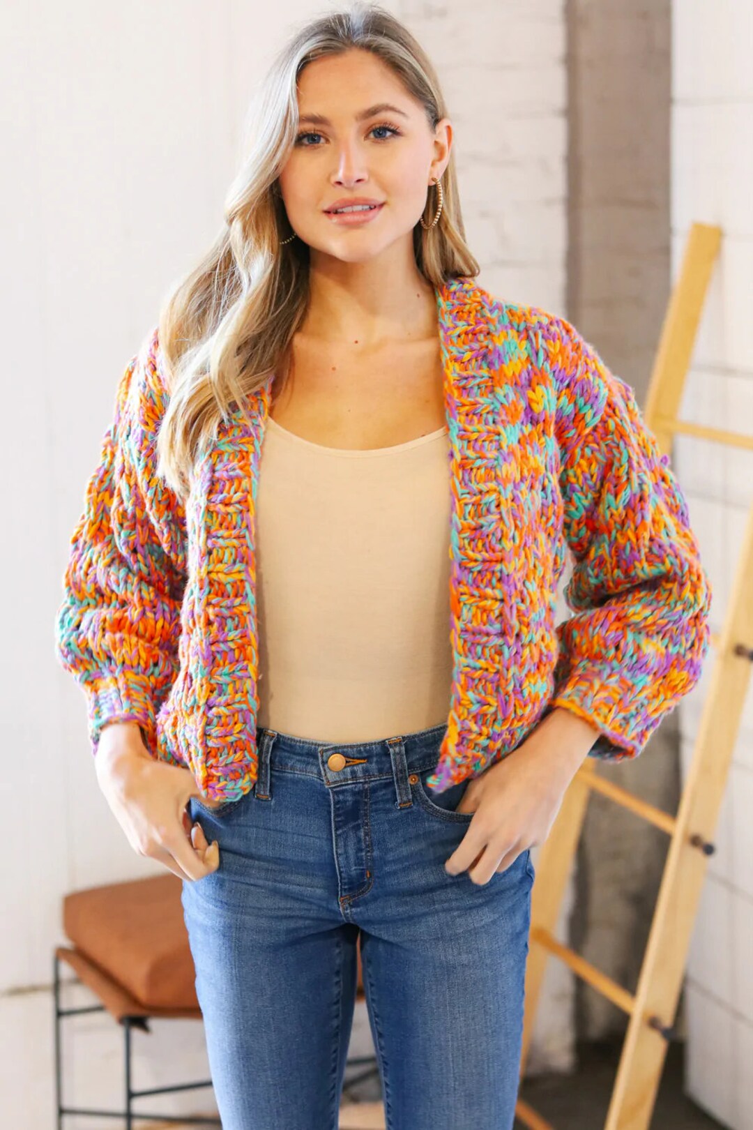 Multicolor Chunky Knit Cropped Open Cardigan - Etsy