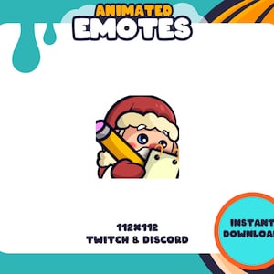 May include: Animated Twitch and Discord emote featuring a cartoon Santa Claus wearing a red hat and white beard, holding a pencil and writing on a notepad. The emote is 112x112 pixels and is available for instant download.