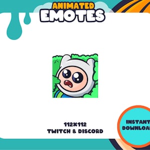 May include: Animated Twitch and Discord emote featuring a cartoon character with a white hat and blue shirt, looking surprised with a green background. The text "ANIMATED EMOTES" is at the top of the image and "112x112 TWITCH & DISCORD" is at the bottom. The text "INSTANT DOWNLOAD!" is in a circle with an orange outline and a blue background.