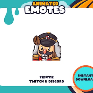 May include: Animated Twitch and Discord emote featuring a cartoon nutcracker with a red and white hat, holding a drum and wearing a red and white uniform. The emote is 112x112 pixels.