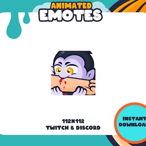 Może przedstawiać: Animowana emotka Twitch i Discord przedstawiająca fioletowego wampira z kłami, który gryzie rękę. Wampir ma czerwony nos i żółte oczy. Emotka ma 112x112 pikseli.