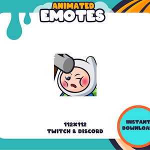 May include: Animated Twitch and Discord emote featuring a cartoon character with a surprised expression, wearing a white hat and blue shirt. The character is being hit on the head with a hammer. The text "ANIMATED EMOTES" is at the top of the image. The text "112x112 TWITCH & DISCORD" is at the bottom of the image. The text "INSTANT DOWNLOAD!" is in a circle at the bottom right of the image.