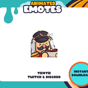 May include: Animated Twitch and Discord emote featuring a cartoon character wearing a red and white hat with a holly sprig, holding a cup of hot chocolate with marshmallows. The character has a mustache and is smiling. The text "112x112 Twitch & Discord" and "Instant Download!" is also included in the image.