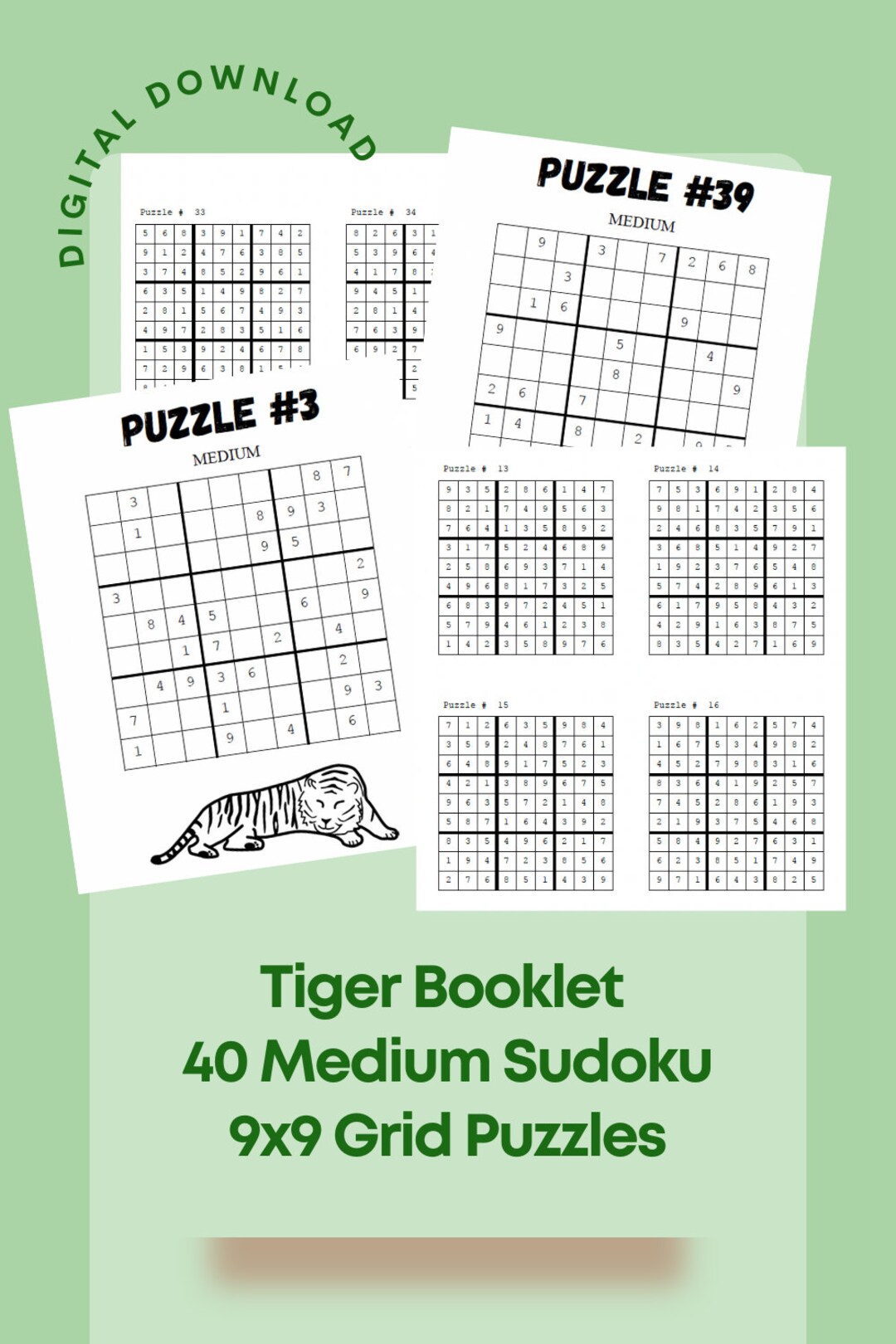 Downloadable and Printable Tiger Booklet of 40 Sudoku Puzzles (9x9 Grid Medium Level) - Etsy