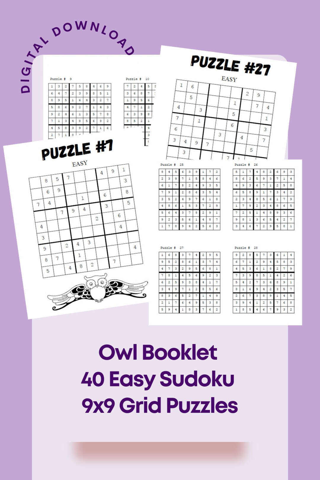 Downloadable and Printable Owl Booklet of 40 Sudoku Puzzles (9x9 Grid