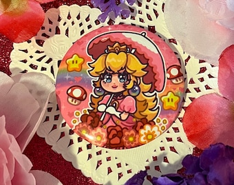 Princess Peach Parasol Round Button Pin Mario