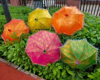 Decorative Silk Umbrella for Wedding, Party, Diwali, Christmas, Cotton Traditional Umbrella With Golden Print, Tassel Lases Silk Umbrellas