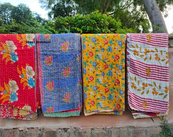 Manta Kantha Boho, Manta de Algodón Hecha a Mano, Edredón Gudri de Patchwork Colorido, Decoración del Hogar Boho India